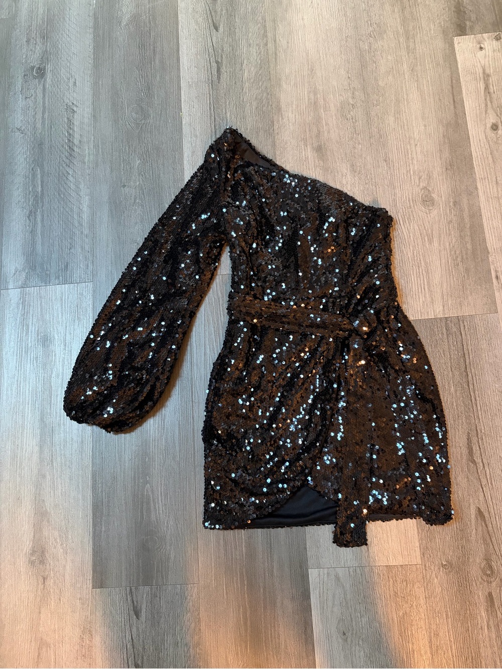 Petite Black One-Shoulder Sequin Wrap Mini Dress